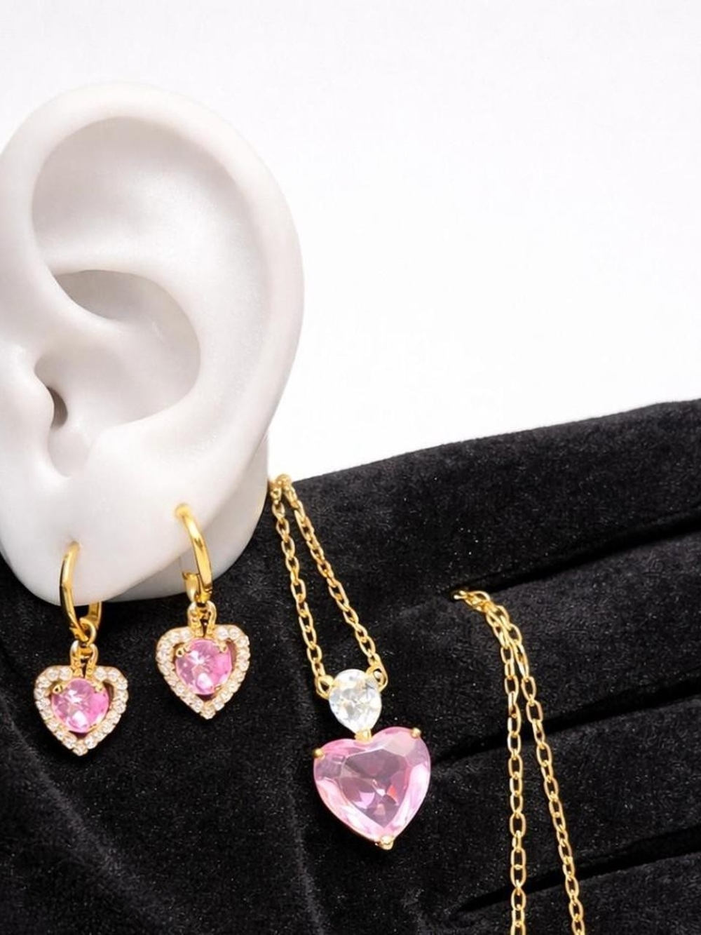 Gold Heart Pink Crystal Necklace and Earrings Set